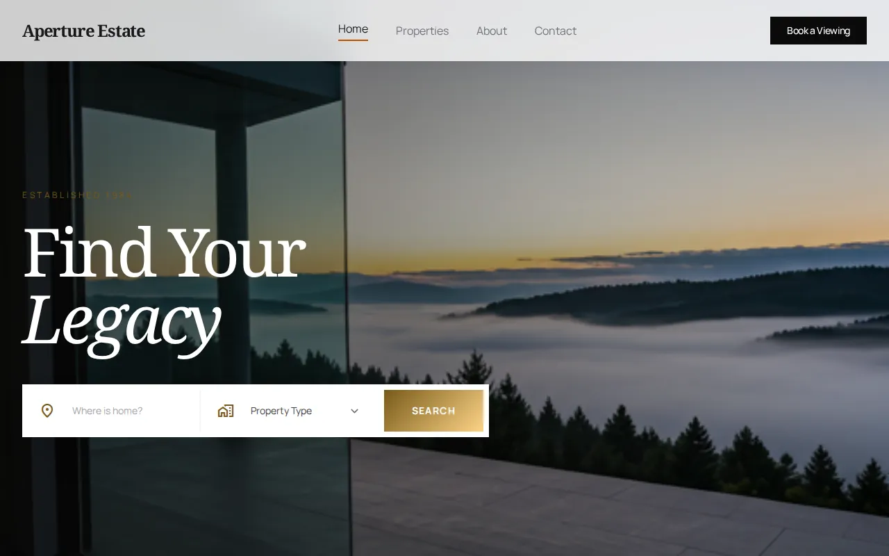 Aperture Estate home page: “Find Your Legacy”, with a property search over a landscape.
