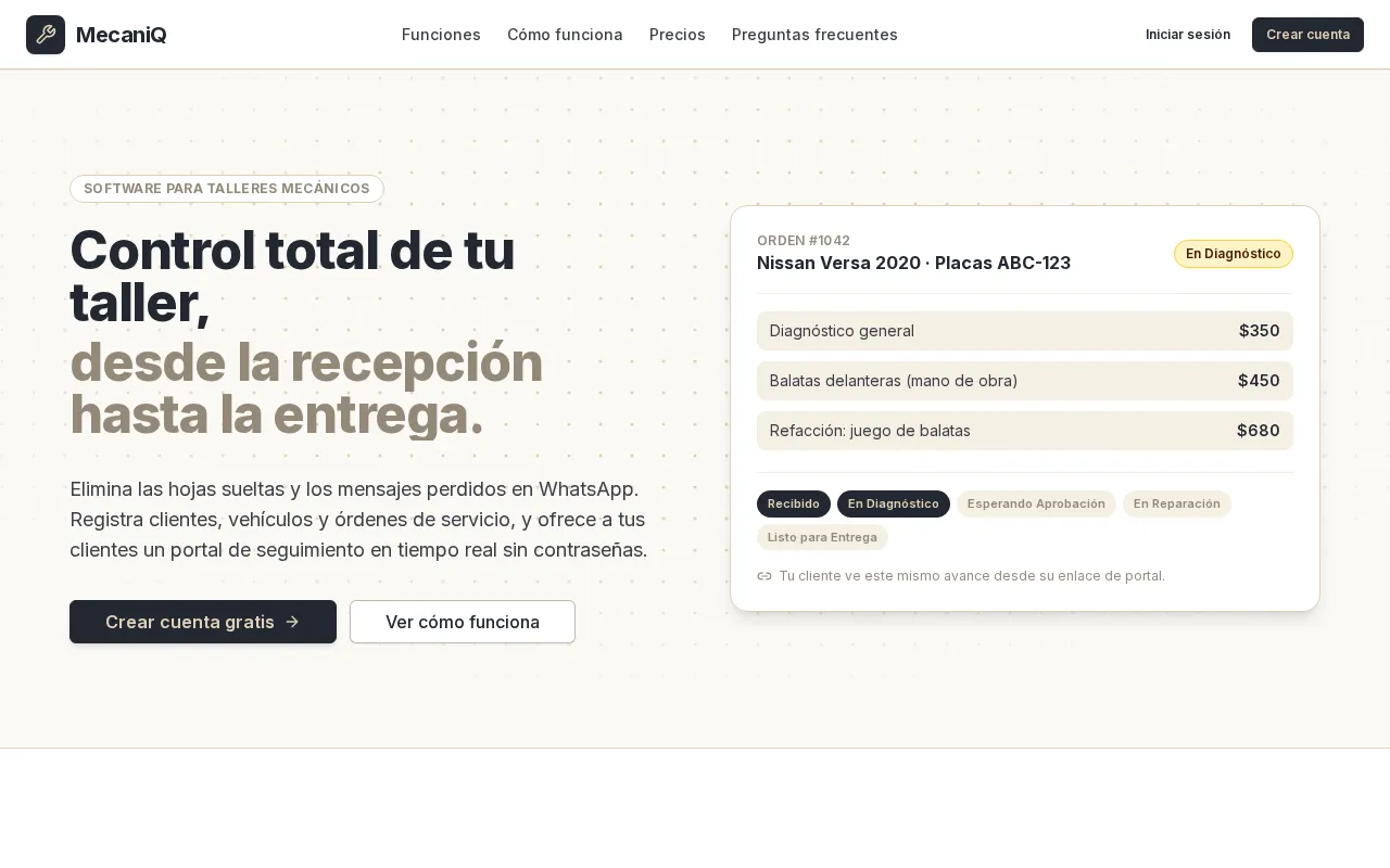 MecaniQ home page with a sample service order and its states.