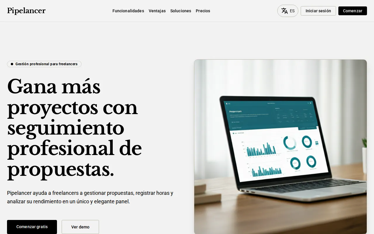 Pipelancer home page: “Win more projects with professional proposal tracking”.